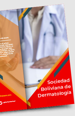 Triptico de la Sociedad Bolivia de Dermatología color color y de fondo un medico con su uniforme